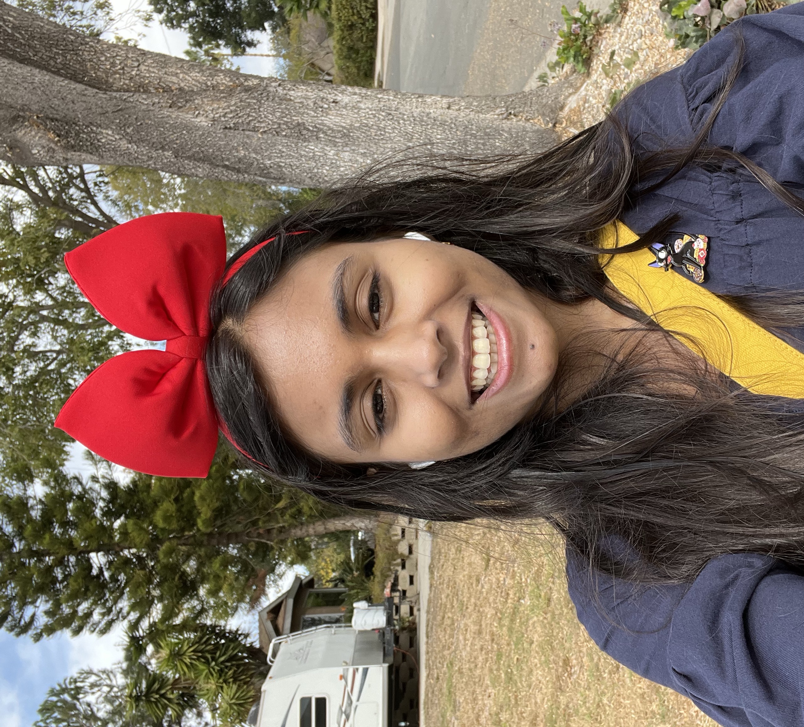 Image of the website author in a blue dress and red headband.