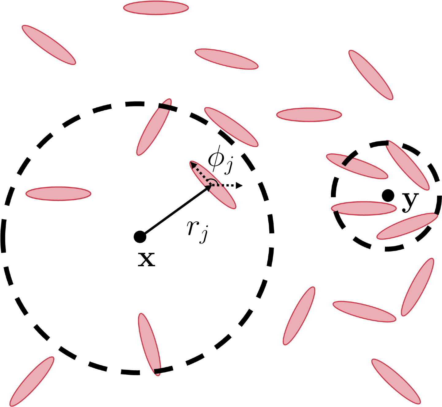 Schematic with pink elongated objects scattered on a white background showing the kNN coarsegraining method.